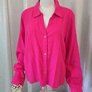 Michael Kors Women Hot Vibrant Pink Linen Blend Button Up L/S Shirt XL Classic